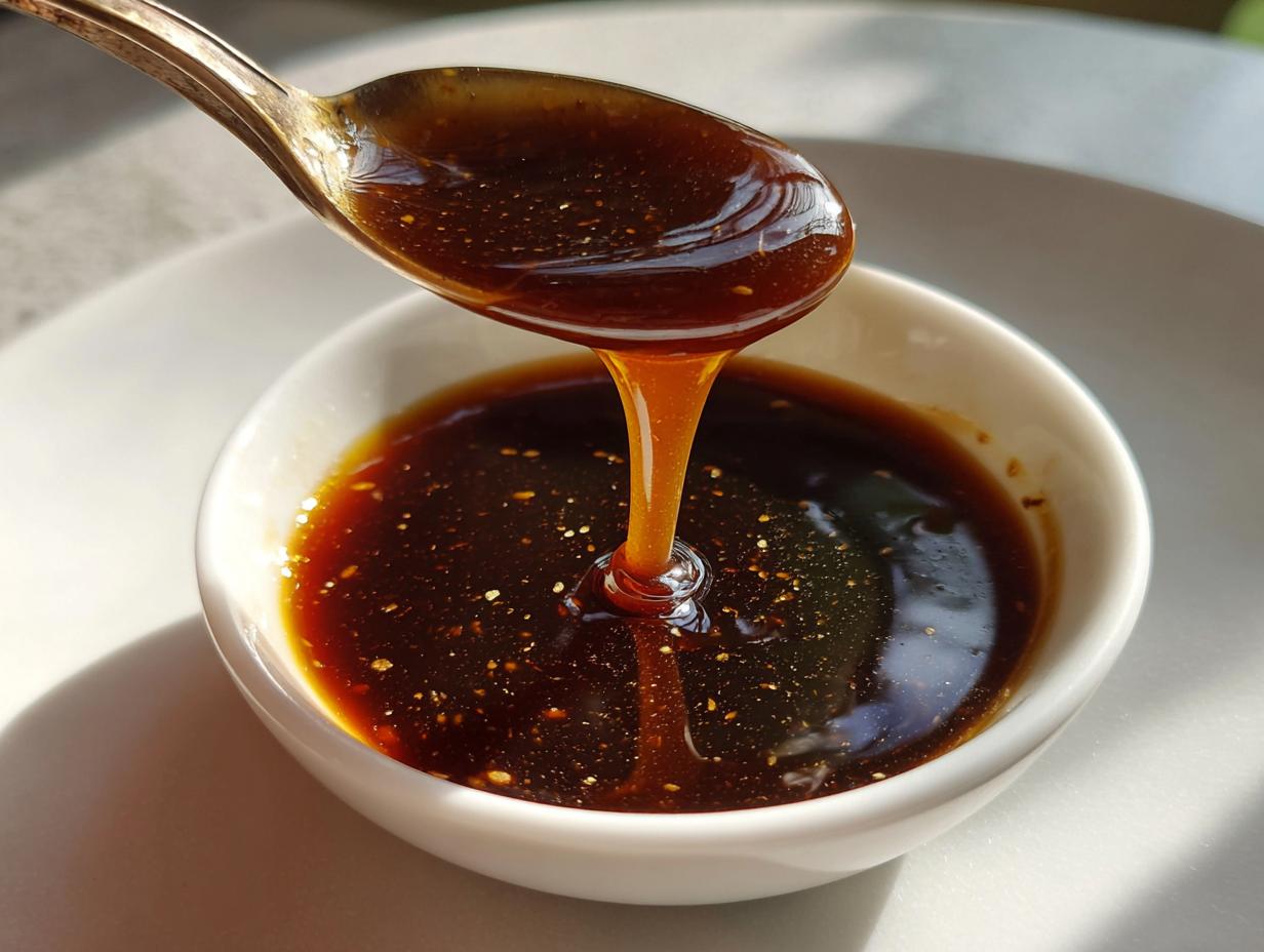 Close-up of glossy, thick teriyaki sauce being drizzled from a silver spoon back into a small white bowl.