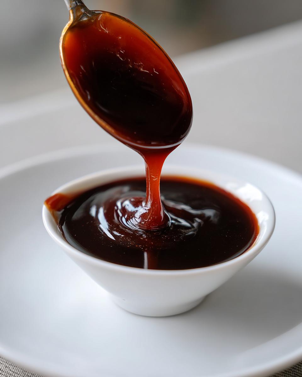 A spoonful of thick, glossy teriyaki sauce being poured back into a small white bowl.