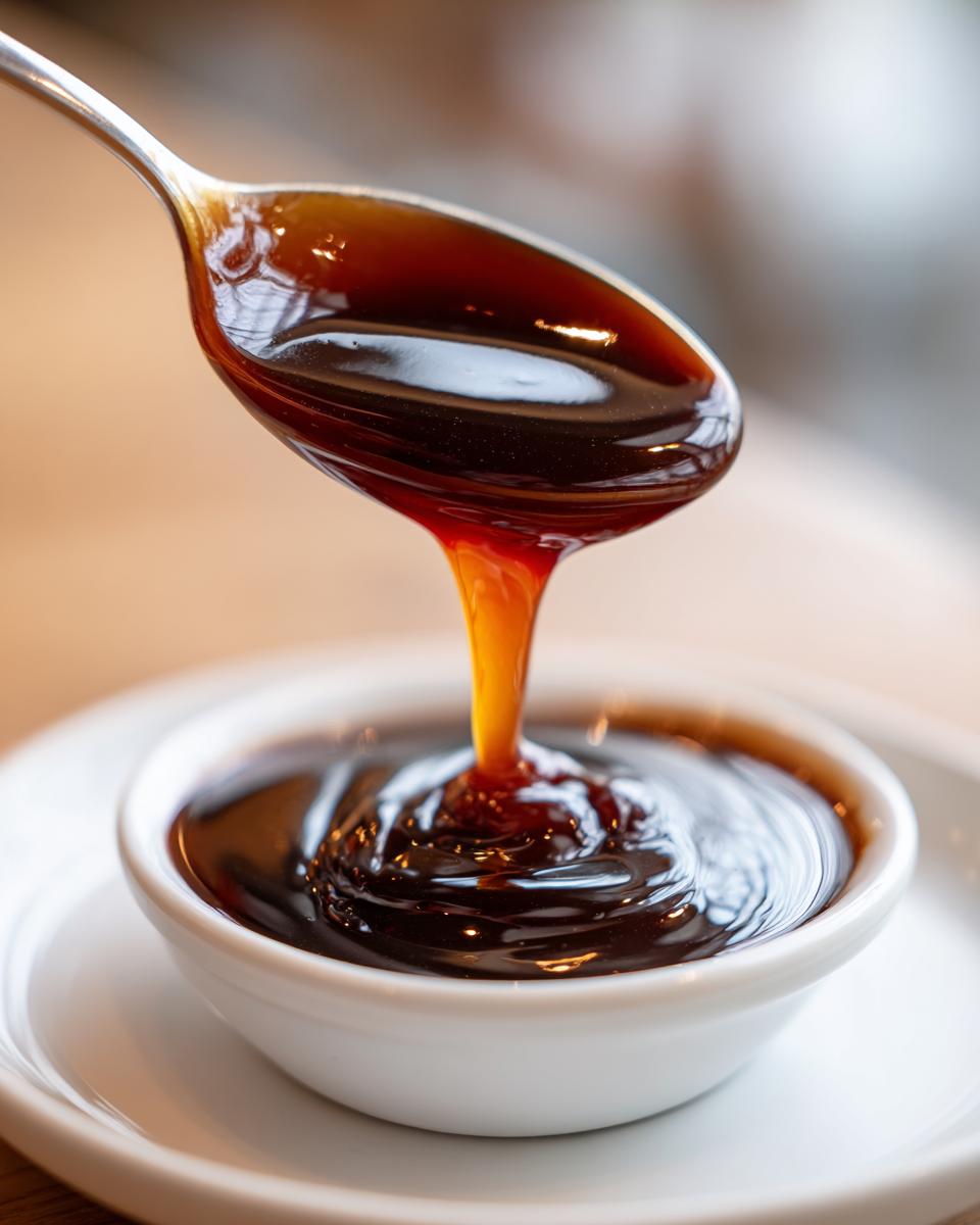 Close-up of thick, glossy teriyaki sauce being drizzled from a spoon into a small white dipping bowl.
