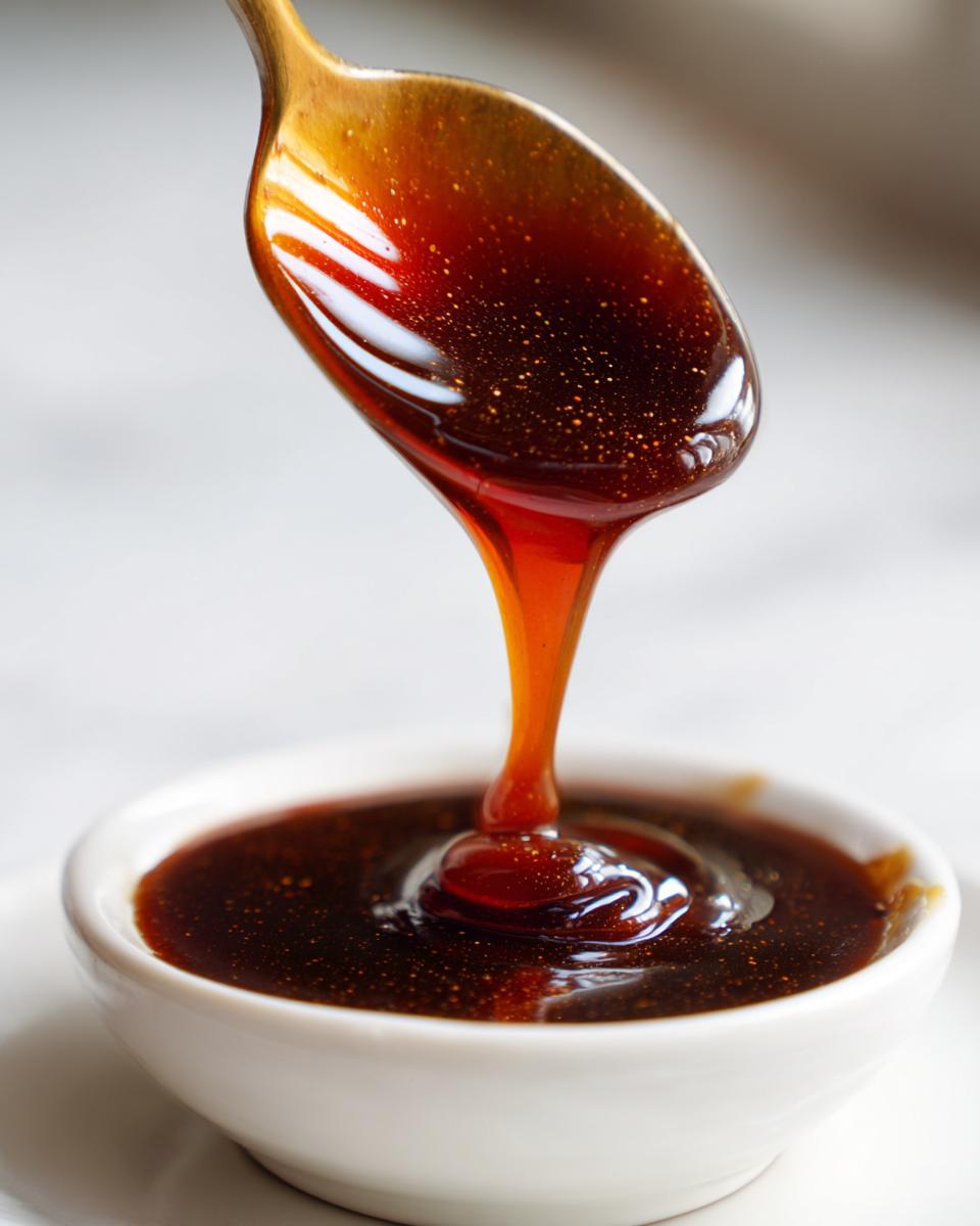 Close-up of thick, glossy teriyaki sauce being drizzled from a wooden spoon into a small white bowl.