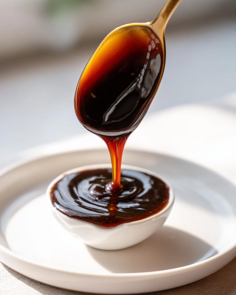 Close-up of thick, glossy teriyaki sauce being drizzled from a golden spoon into a small white bowl.