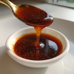 Close-up of thick, glossy teriyaki sauce dripping from a golden spoon back into a small white bowl.