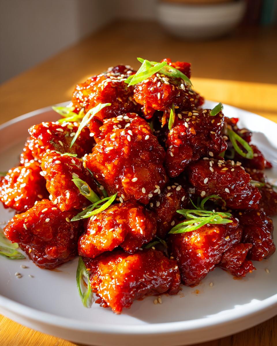 A close-up of crispy gochujang chicken pieces coated in a glossy red sauce, garnished with sesame seeds and sliced green onions.