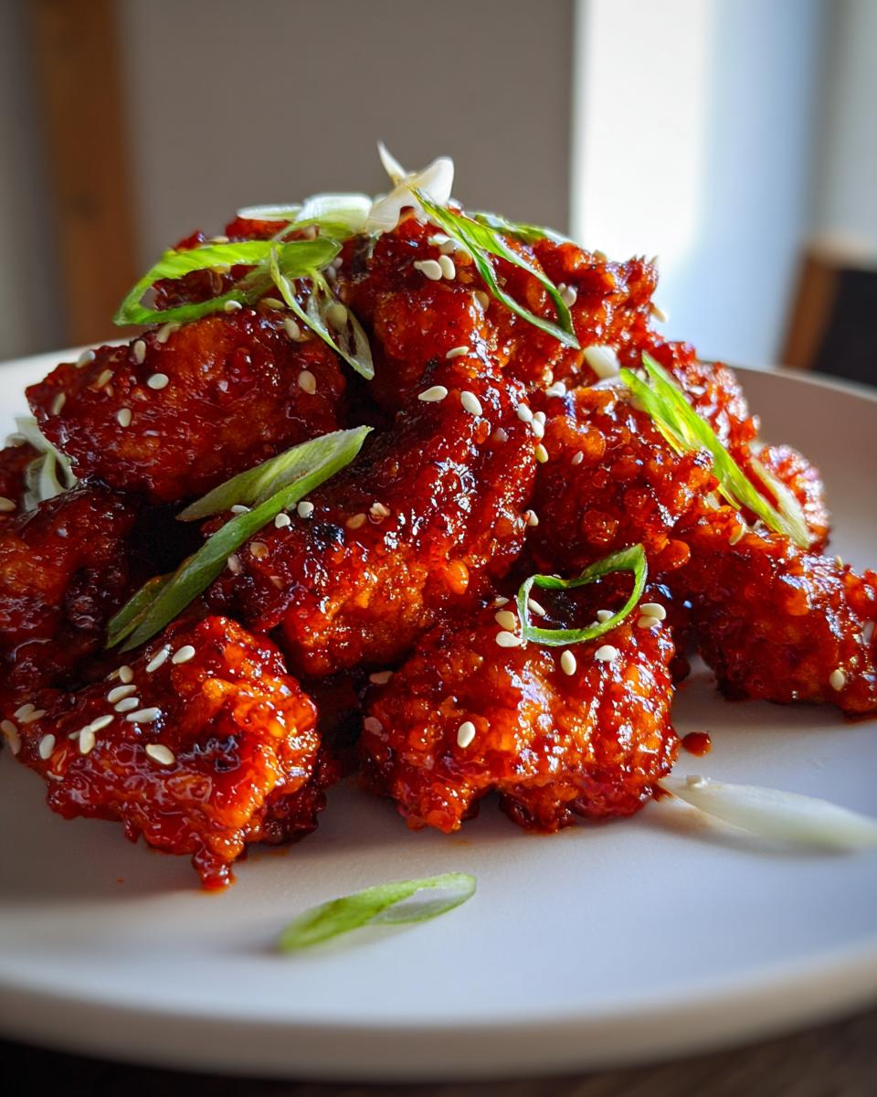 Close-up of sticky, bright red gochujang chicken pieces topped with sesame seeds and sliced green onions.