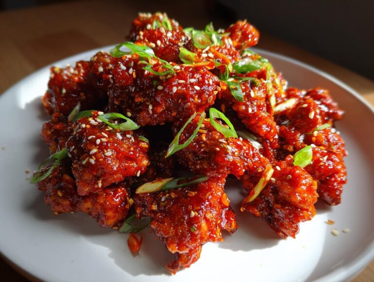 Close-up of crispy, glazed gochujang chicken pieces topped with sesame seeds and sliced green onions.