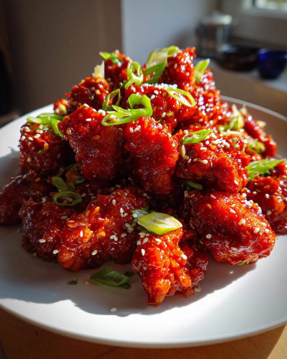 Close-up of crispy gochujang chicken pieces coated in a glossy red sauce, garnished with sesame seeds and sliced green onions.