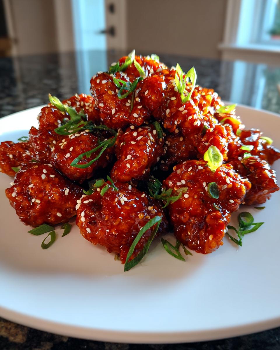 A pile of sticky, glazed gochujang chicken pieces garnished with sesame seeds and green onions on a white plate.