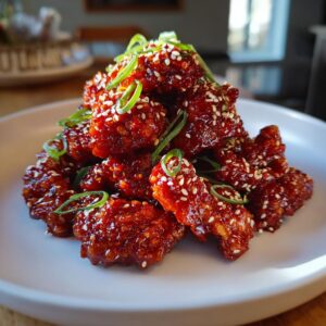 Close-up of crispy gochujang chicken pieces piled high, coated in a glossy red sauce and sprinkled with sesame seeds and green onions.