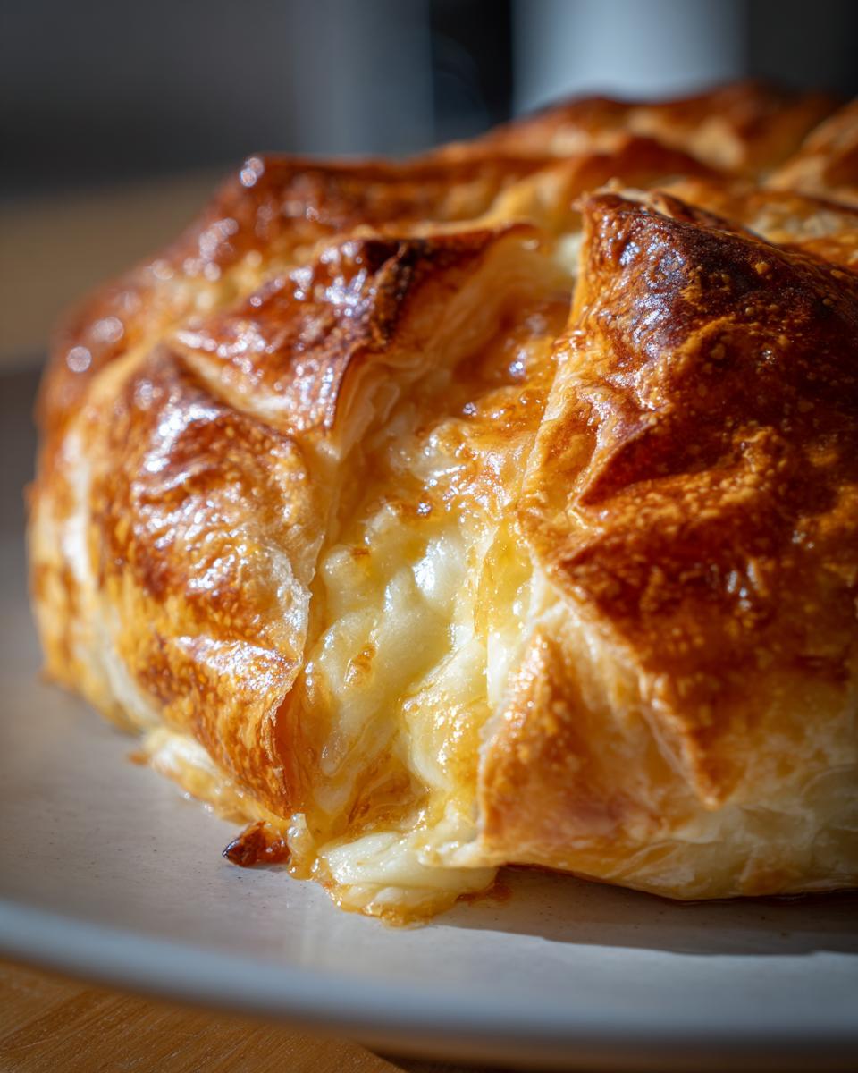Close-up of a golden, flaky pastry crust revealing the melted, gooey cheese center of the baked brie.