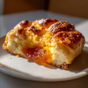Close-up of a piece of golden pastry filled with melted cheese and apricot jam, suggesting a baked brie preparation.