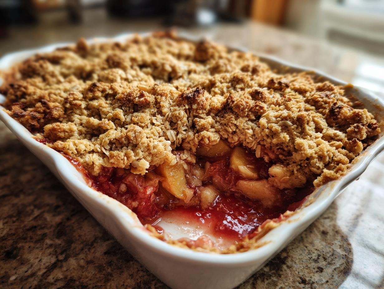 A close-up of a freshly baked rhubarb crisp in a white baking dish, showing the bubbling fruit filling and golden oat topping.