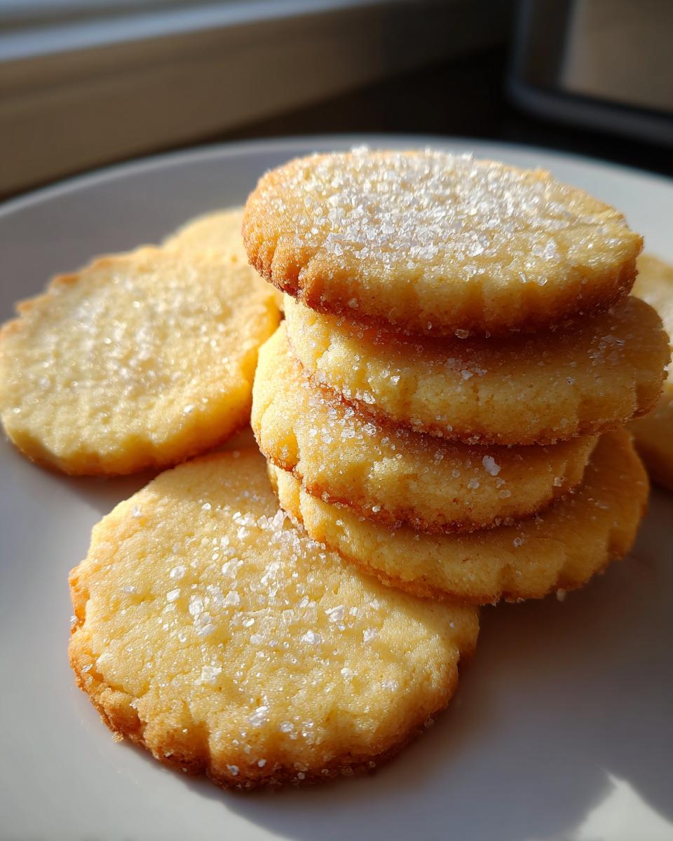 A stack and scattering of golden baked butter cookies topped with coarse sugar crystals, sitting on a white plate.