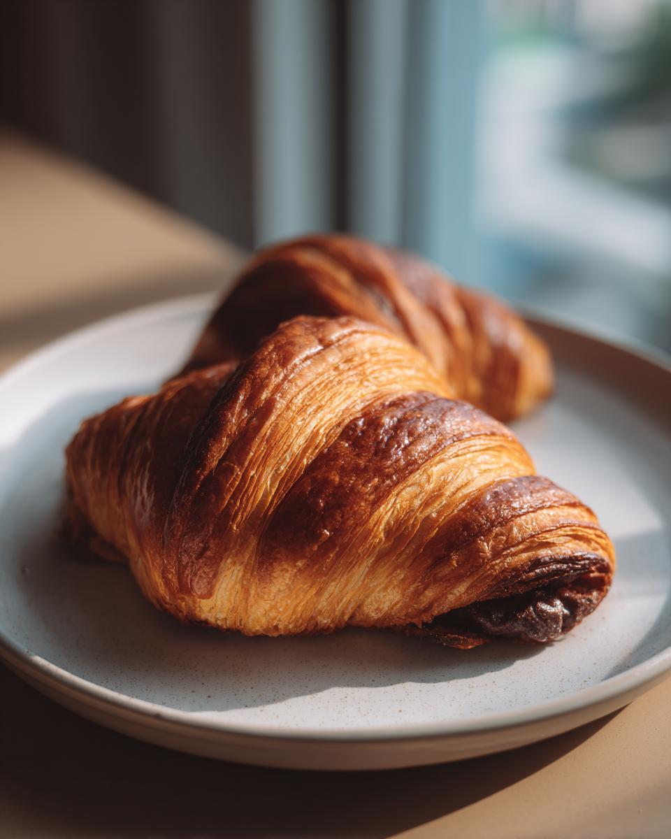 Two flaky, golden-brown chocolate croissants resting on a light speckled plate near a window.