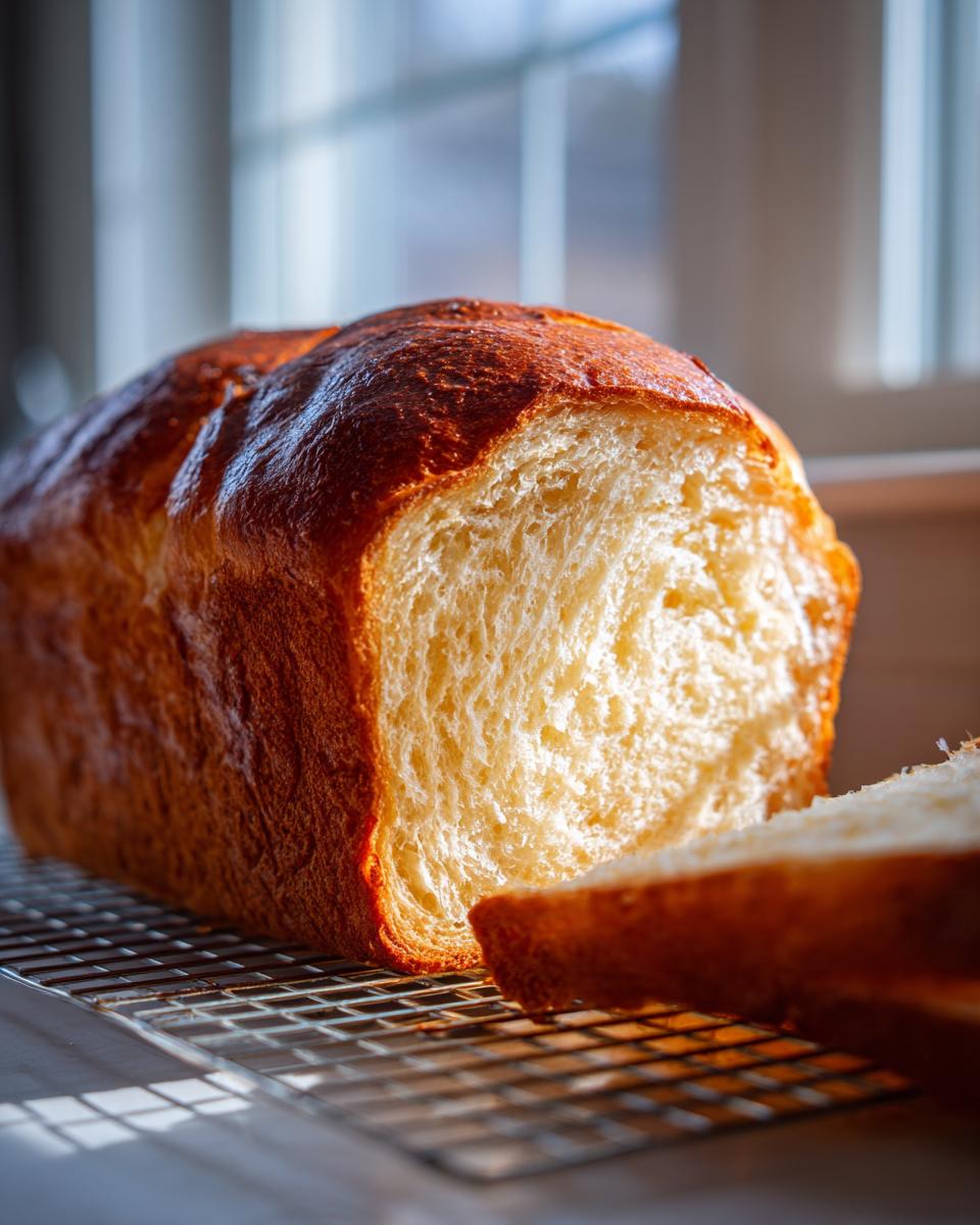 A freshly baked, golden-brown loaf of condensed milk bread, sliced open to show its fluffy interior, resting on a wire cooling rack.