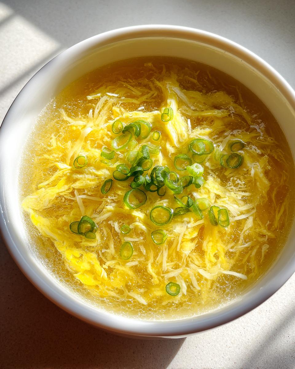 A close-up overhead view of a bowl of golden egg drop soup, featuring ribbons of cooked egg and topped with sliced green onions.