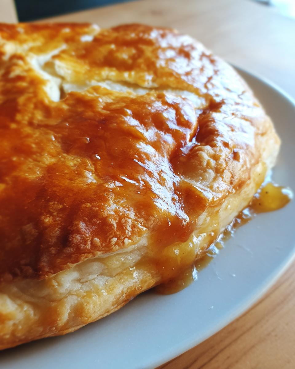 Close-up of a perfectly golden and glazed baked brie wrapped in flaky puff pastry.