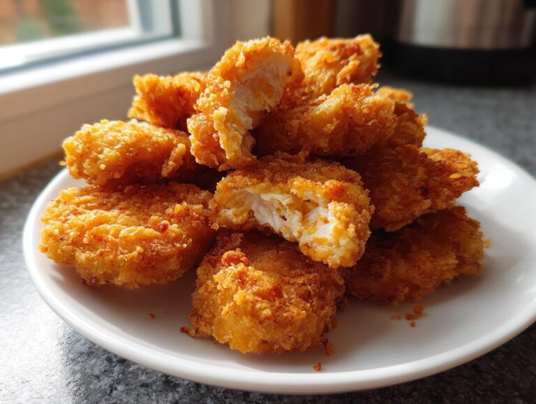 A pile of golden, crispy homemade chicken nuggets on a white plate, one nugget is broken open showing the white meat.