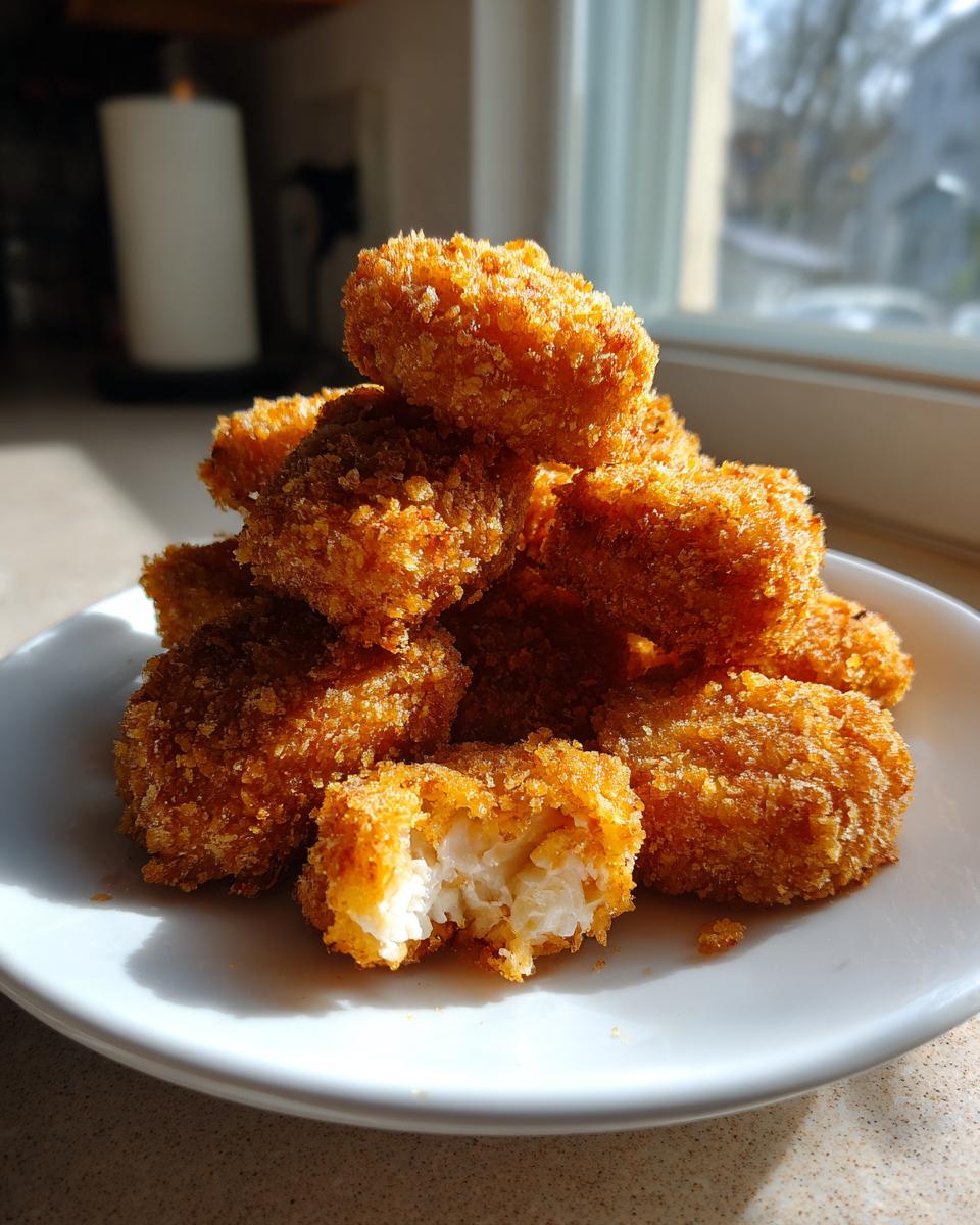 A pile of golden brown homemade chicken nuggets on a white plate, one nugget is broken open showing the white chicken inside.