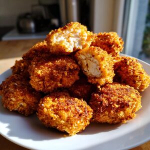 A pile of golden brown, crispy homemade chicken nuggets on a white plate, one broken open showing the white interior.