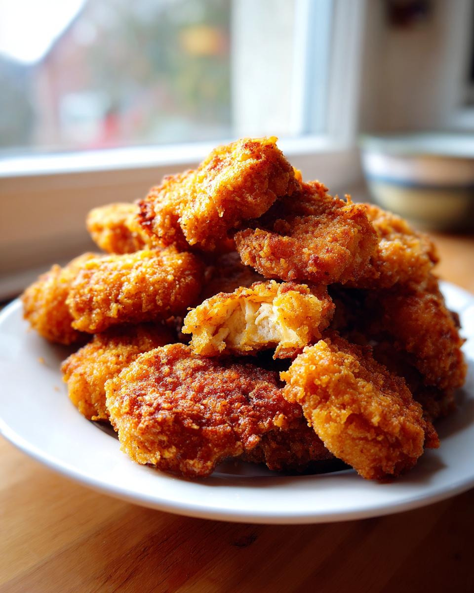 A pile of golden brown, crispy homemade chicken nuggets stacked on a white plate, one nugget broken open to show the white interior.