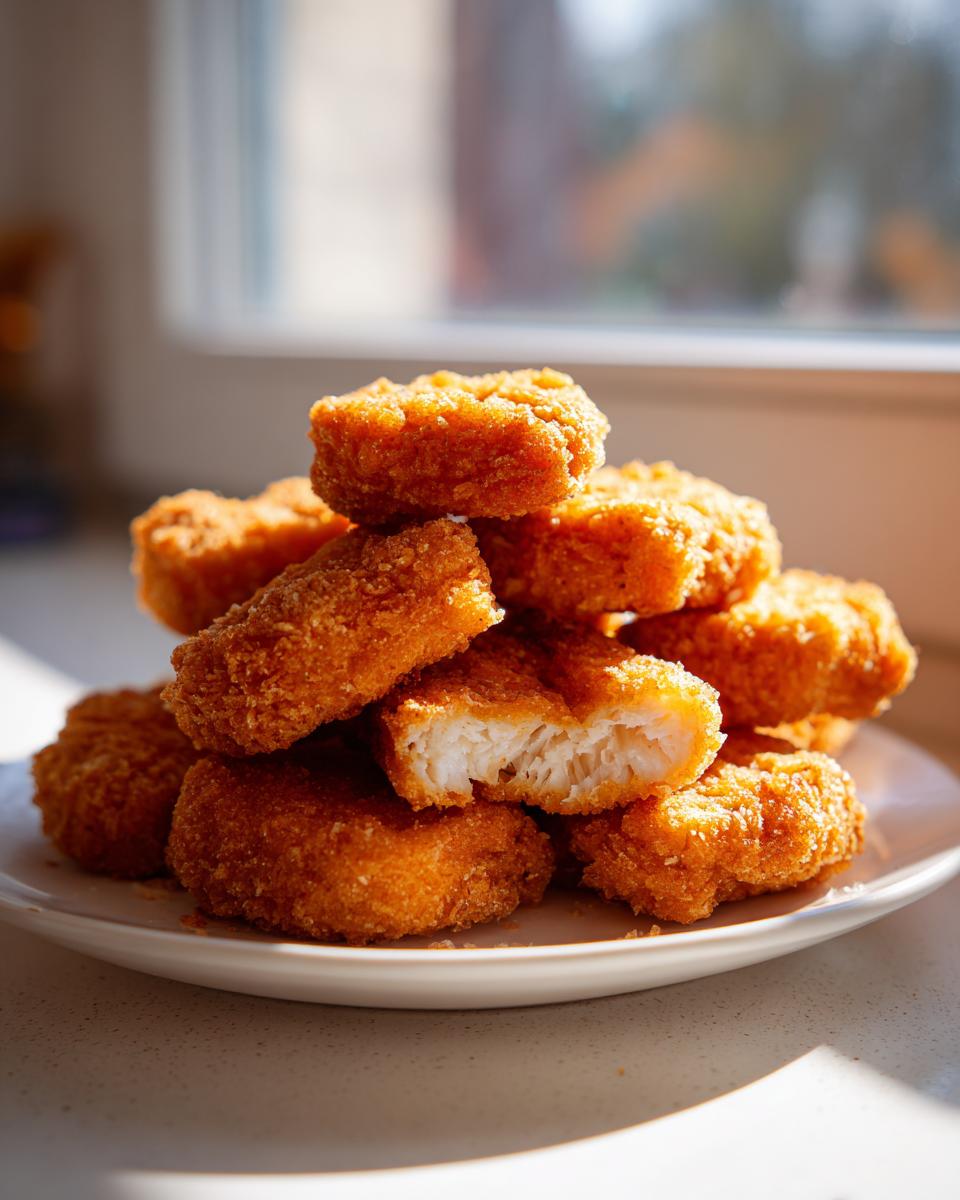 A stack of crispy, golden homemade chicken nuggets on a white plate, one nugget broken open showing white meat texture.