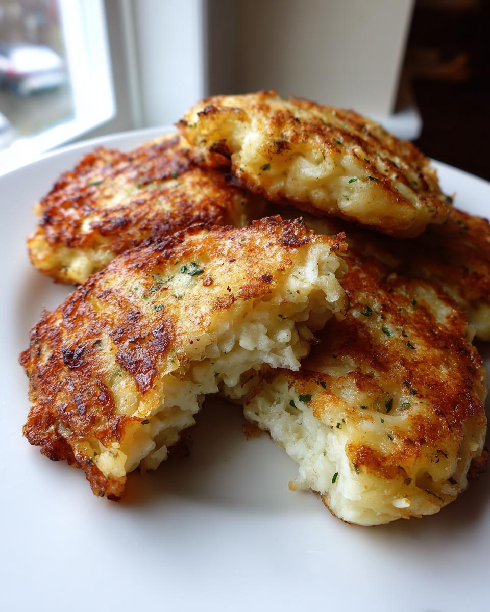 Close-up of golden brown, pan-fried mashed potato cakes on a white plate, with one cake broken to show the fluffy interior.