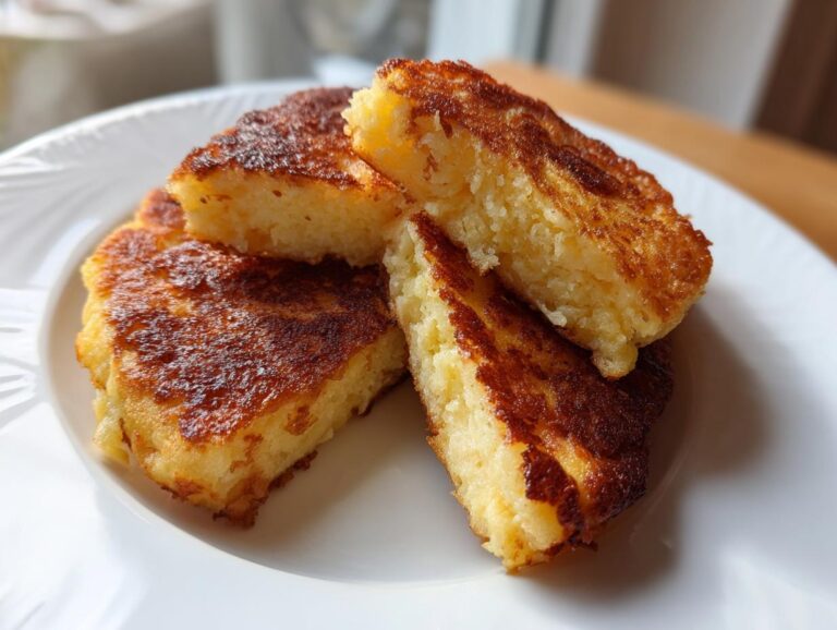 Close-up of golden brown, pan-fried mashed potato cakes, cut into pieces, showing the fluffy interior.