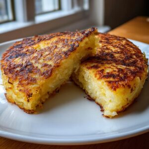 A perfectly golden brown, thick mashed potato cakes cut in half on a white plate, showing the fluffy interior.