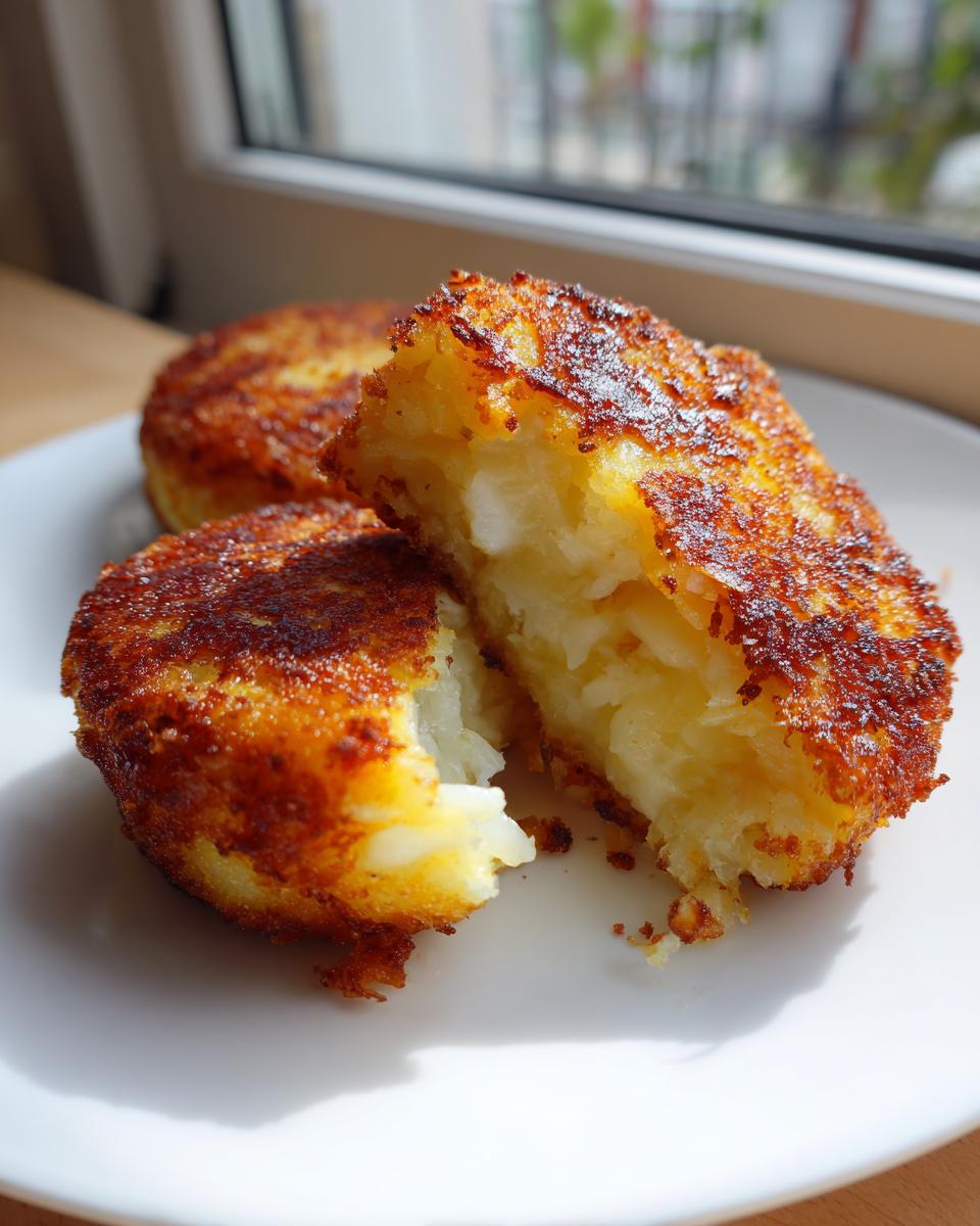 Close-up of crispy, golden brown mashed potato cakes, with one cut open revealing the fluffy interior.