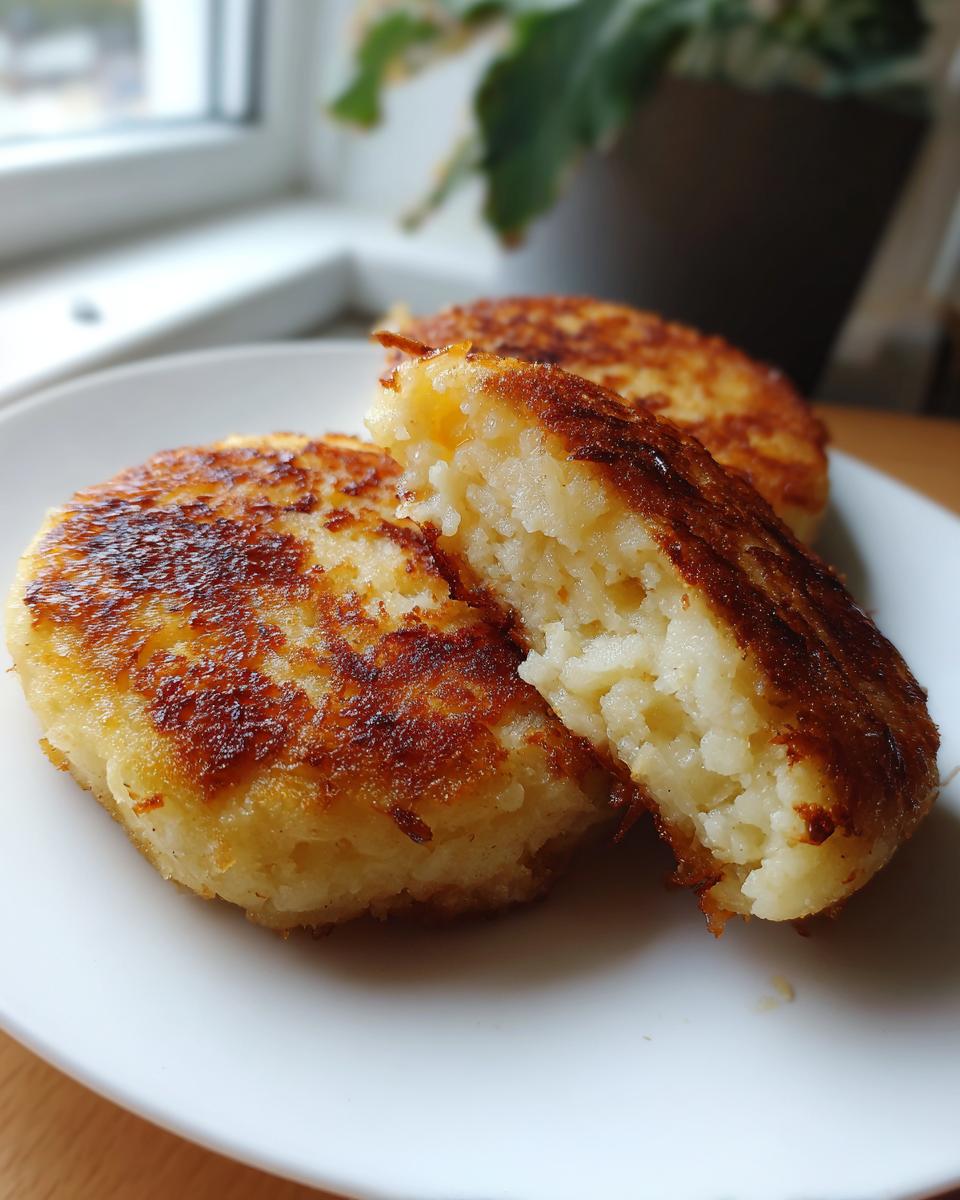 Close-up of golden brown mashed potato cakes on a white plate, one cut open showing the fluffy interior.