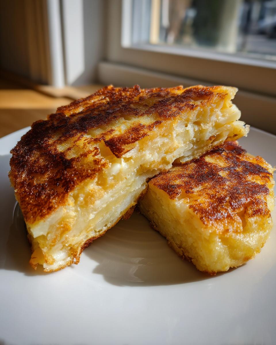 Two golden brown slices of thick mashed potato cakes stacked on a white plate, showing layers inside.