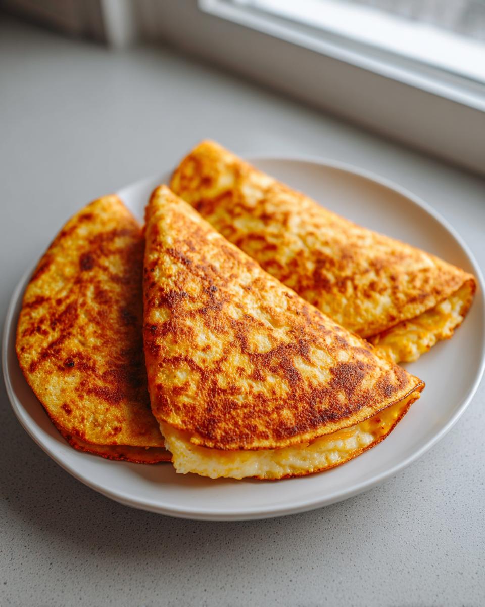 Three golden brown, folded potato tacos filled with a creamy interior, served on a light gray plate near a window.