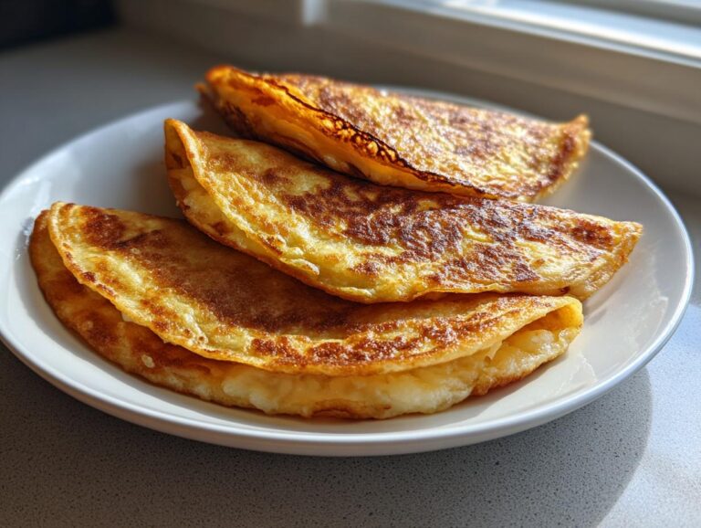 Three golden-brown, folded potato tacos resting on a white plate, lightly browned from frying.