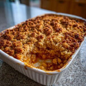 A close-up of a freshly baked rhubarb crisp with a thick, golden brown, crumbly topping in a white ceramic dish.