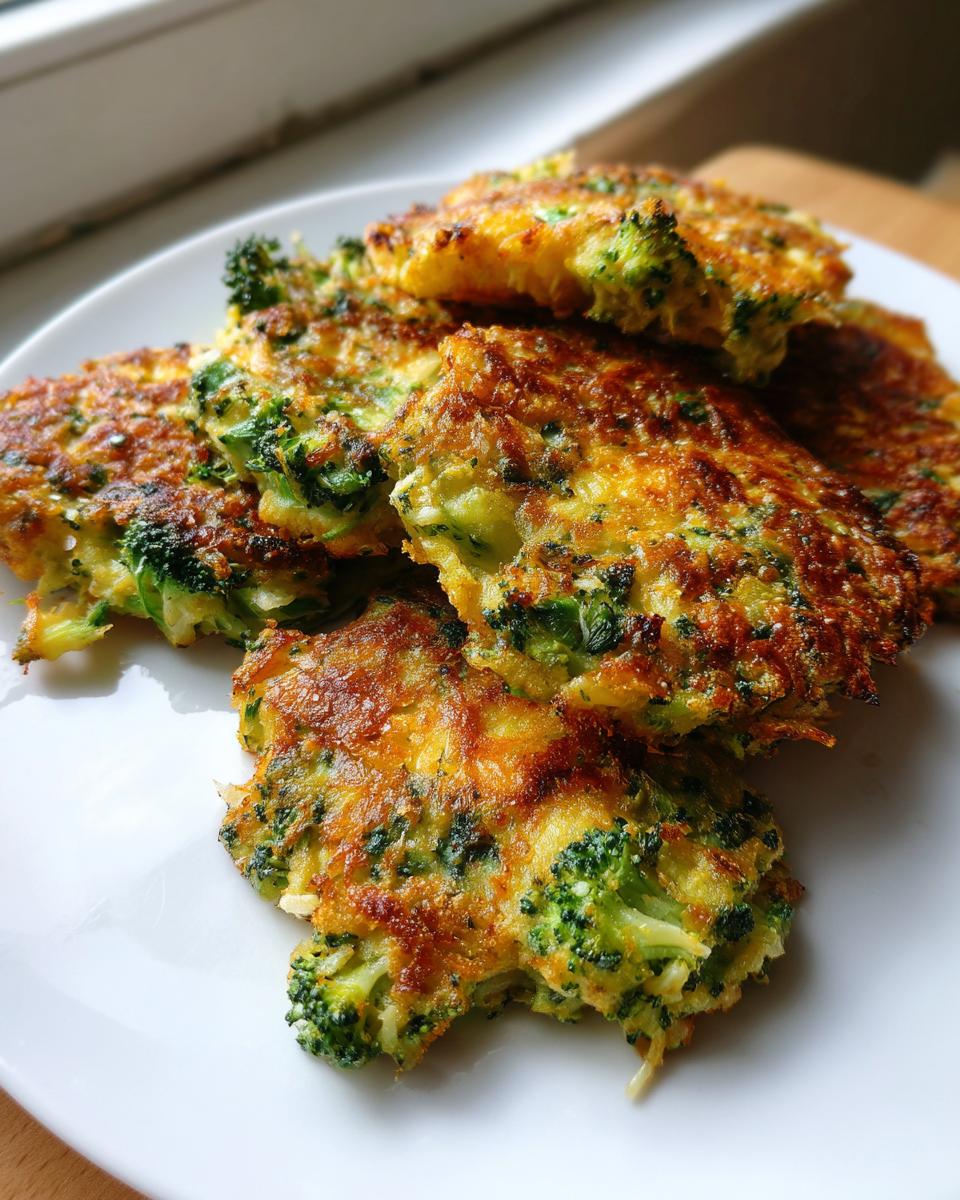 A stack of golden brown, pan-fried smashed broccoli fritters served on a white plate.