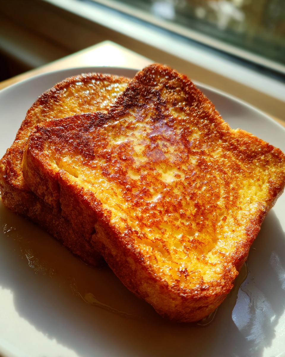 Two perfectly golden brown slices of sourdough french toast drizzled with syrup on a white plate.