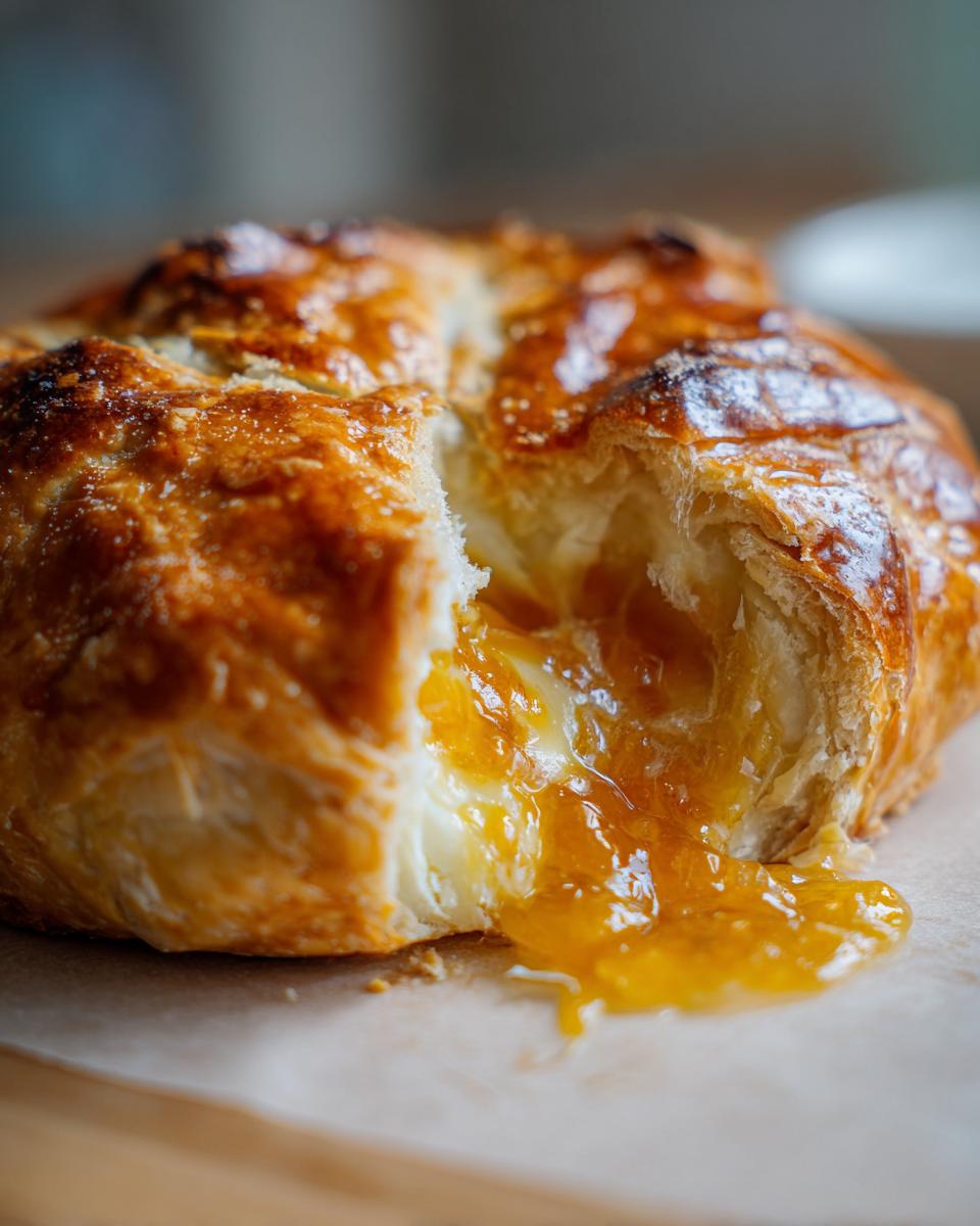 Close-up of baked brie wrapped in flaky pastry, cut open to reveal melted cheese and oozing apricot jam.