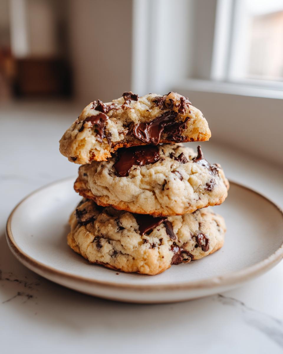 Three thick, soft chocolate chip cookies stacked on a plate, with the top one broken open to show melted chocolate.