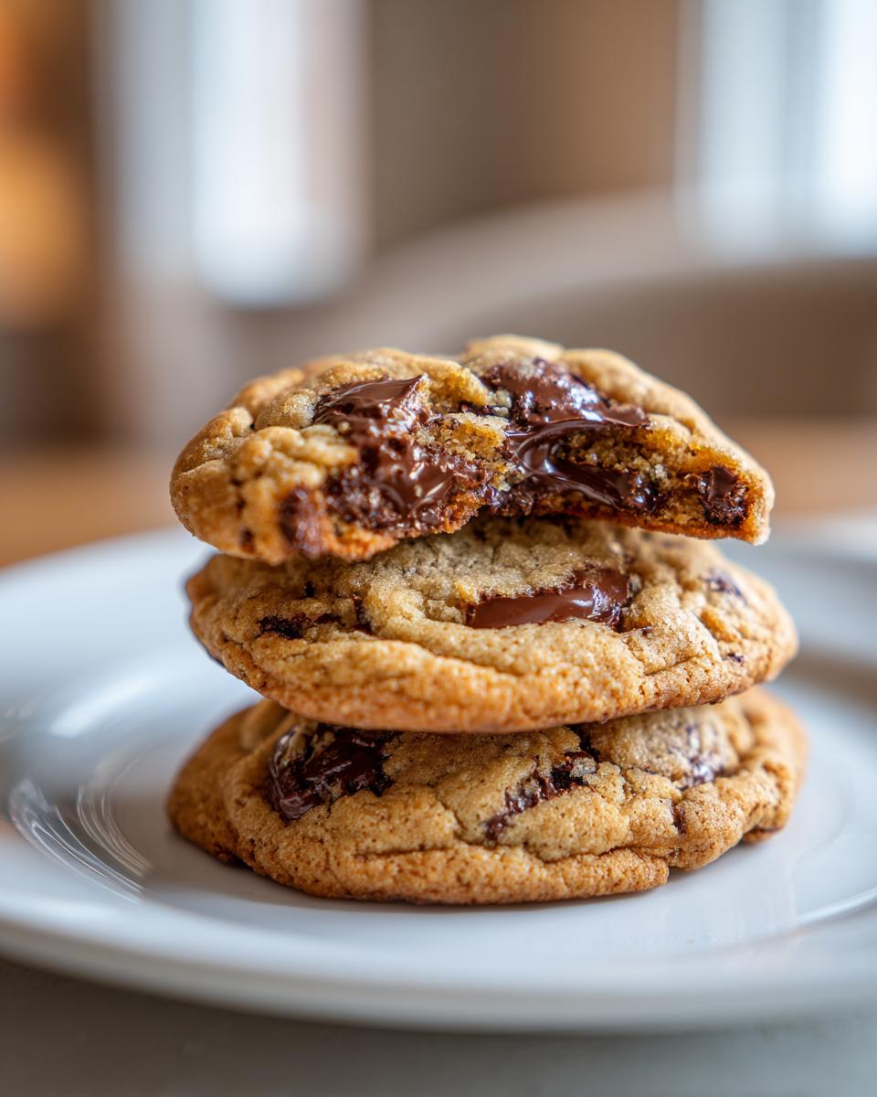 A stack of three gooey chocolate chip cookie treats, with the top one broken open showing melted chocolate.