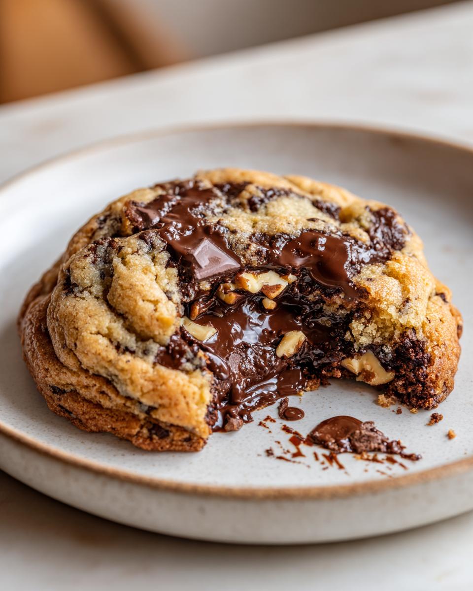 A thick, gooey levain bakery chocolate chip cookie with molten chocolate and nuts spilling out onto a light plate.