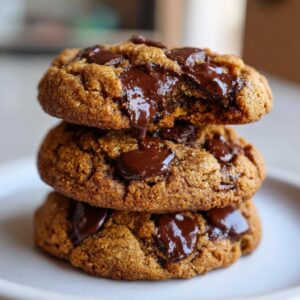 Close-up of three stacked vegan chocolate chip cookies with melted chocolate dripping.