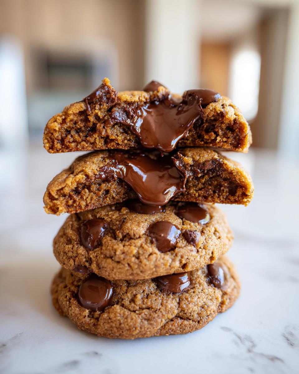 Close-up of a stack of three vegan chocolate chip cookies, with the top two broken open revealing gooey, melted chocolate centers.