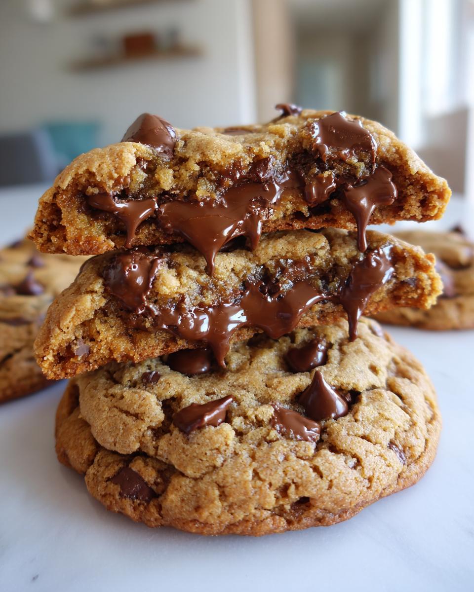 Stack of three vegan chocolate chip cookies, with the top two broken open revealing gooey, melted chocolate.