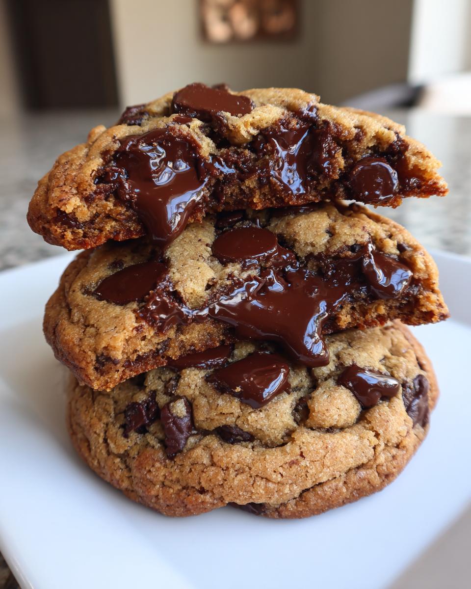 Stack of three amazing vegan chocolate chip cookies, with the top two broken open revealing gooey, melted chocolate centers.