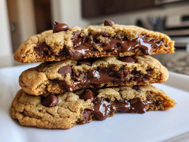 Close-up stack of three halves of vegan chocolate chip cookies showing gooey, melted chocolate centers.