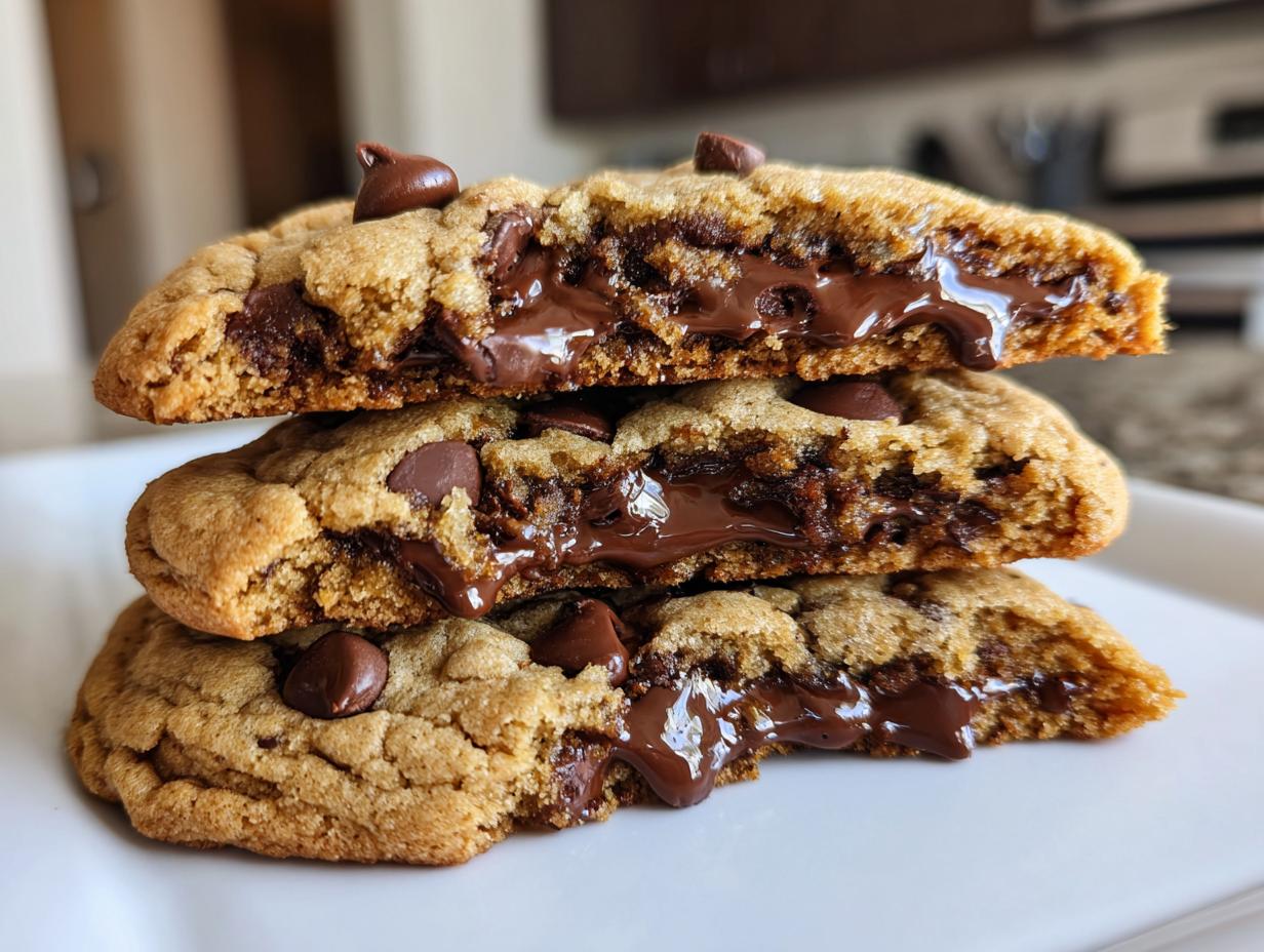 Close-up stack of three halves of vegan chocolate chip cookies showing gooey, melted chocolate centers.