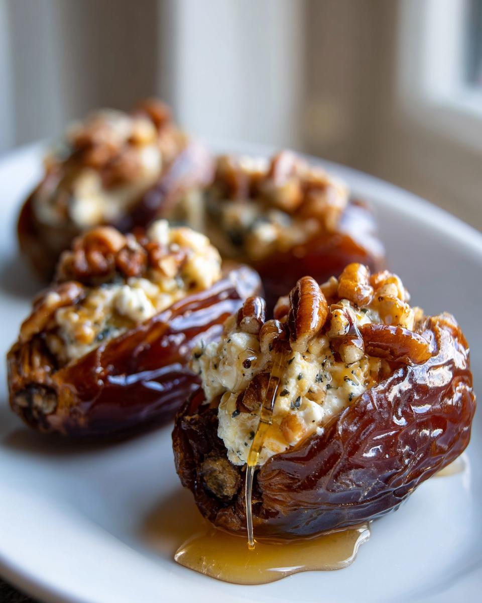 Close-up of delicious stuffed dates filled with creamy cheese, topped with walnuts, and drizzled with honey.
