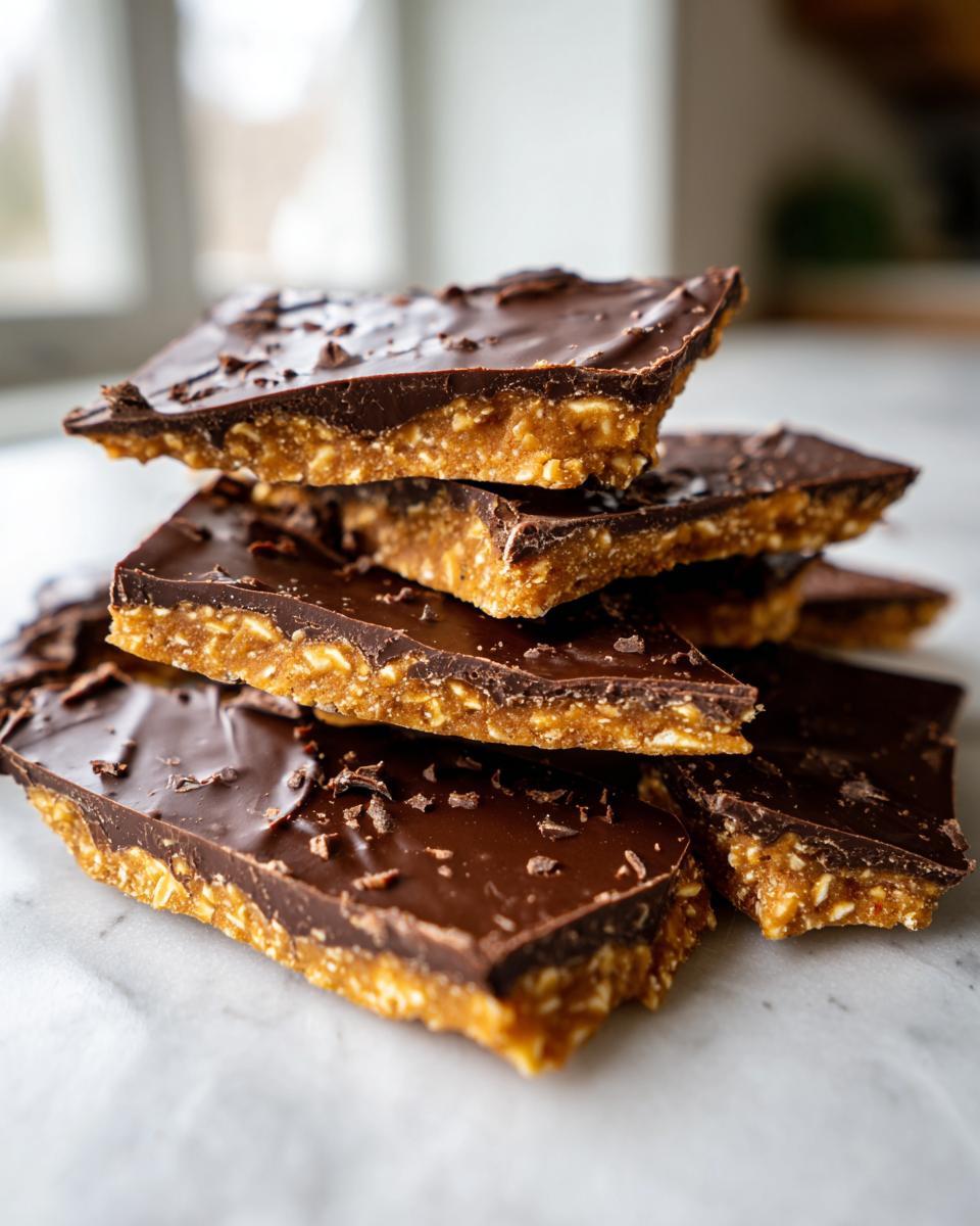 Close-up stack of broken pieces of graham cracker toffee topped with melted dark chocolate.