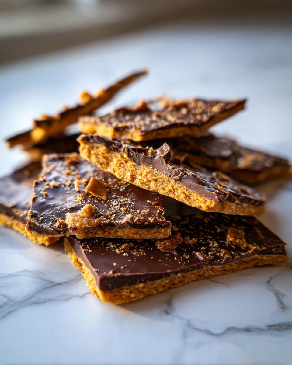 Close-up of broken pieces of graham cracker toffee stacked on a white marble surface.