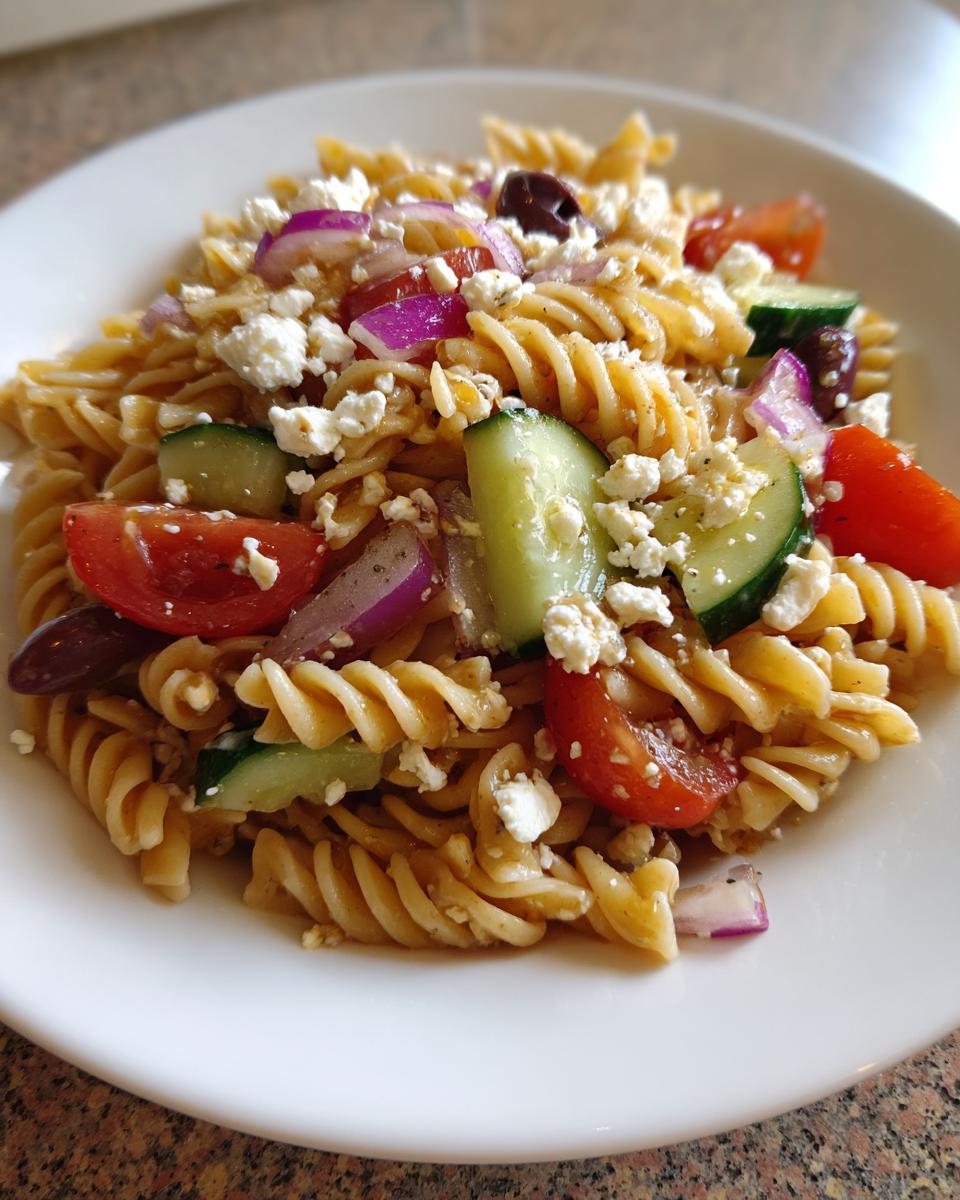 A close-up serving of vibrant greek pasta salad featuring rotini pasta, cucumber, tomato, red onion, feta cheese, and Kalamata olives.